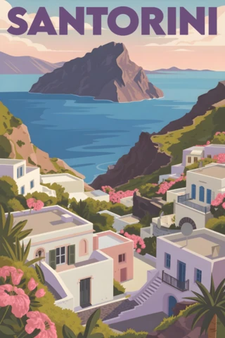 Carteles de viaje de Santorini con casas encaladas en el acantilado, flores y vista al mar.