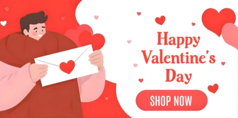 Valentine's Day Sale Banner Template with Heart Graphics and Call to Action Button
