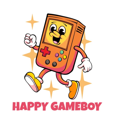 Plantilla de diseño de camiseta de personaje nostálgico de consola de juegos Gameboy feliz que trae diversión y alegría.
