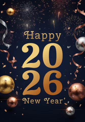 Happy 2026 New Year Greeting Card Dark Blue Background with Gold, Silver & Bronze Balloons and Fireworks