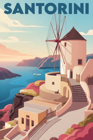 Windmill Terrace with Sunset Sea View and Whitewashed Buildings Santorini Travel Posters Design Template