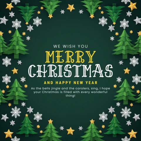 Holiday Greeting Card with Tree Silhouettes, Snowflake Details, and Starry Christmas Theme