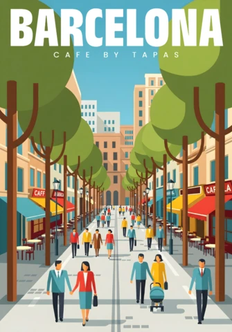 Pouls de la ville, ambiance tapas, scène vibrante de Barcelone, modèle de design d'affiches de voyage.