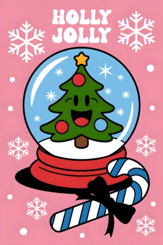 Fröhliche Weihnachtsgrußkarte mit einem Cartoonbaum in einer Schneekugel, umgeben von Schneeflocken und Zuckerstangenakzenten