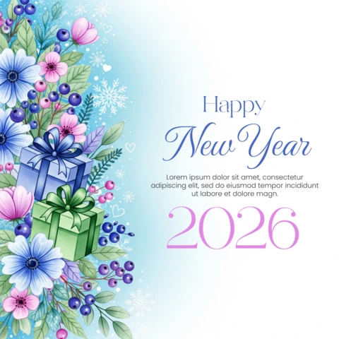 Glückliches neues Jahr Wünsche Vorlage 2026 Aquarell-Design mit Geschenkkarton-Details und winterlichem Blumenleuchten