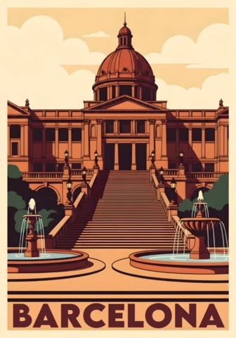 Ilustração da grande cúpula e escadaria de fontes gêmeas, modelo de design de pôsteres de viagem de Barcelona.