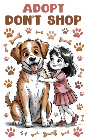 Adopta, no compres, plantilla de diseño para carteles de adopción de mascotas con un perro juguetón y un niño.
