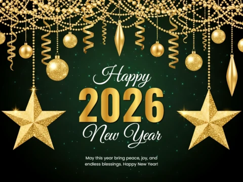 Elegant New Year Celebration Template with Gold Stars and Ornaments Design for Greeting Cards
