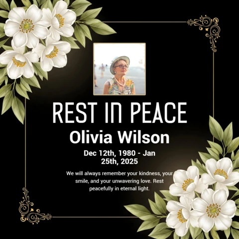 Condolence Poster Rest in Peace Sympathy with Gold Corners and Floral Accents Design Template