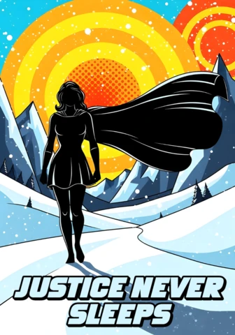 Justice Never Sleeps Superhero Silhouette in Snowy Mountain Scene Poster Design Template