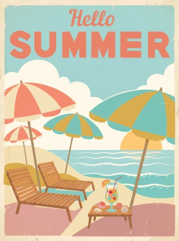 Colorful Summer Vacation Poster Featuring Wooden Lounge Chairs, Tropical Drink, Ocean Waves, Sunset Horizon and Playful Tropical Holiday Mood
