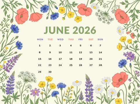June 2026 Monthly Calendar with Wildflowers, Poppies and Botanical Garden Illustrations