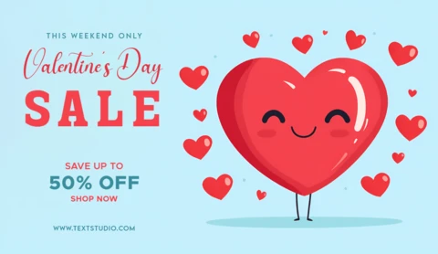 Modèle de bannière de bande dessinée pour les soldes de la Saint-Valentin - économisez jusqu'à 50 % !