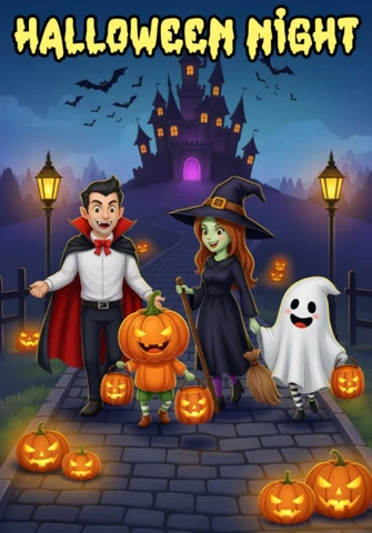 Invitation d'Halloween effrayante dessin animé des enfants en costume de trick-or-treaters dans une forêt gothique avec des lanternes lumineuses et des chauves-souris, modèle de design pour des flyers festifs.