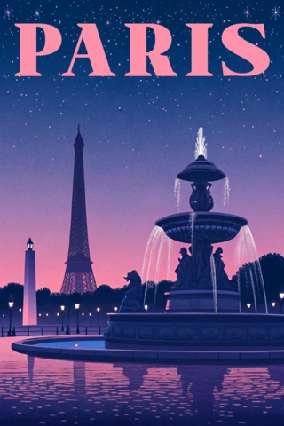 Paris Nightscape Foutain Obelisk and Eiffel Tower Design for Retro Flat Posters and Prints