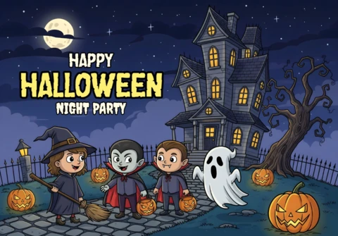 Gespenstische Hausszene mit kostümierten Kindern, Kürbislaternen und sternenklarem Himmel, gruseliges Halloween-Designvorlage für festliche Flyer
