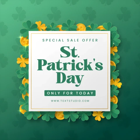 Saint Patrick’s Day Discount Flyer Design Template with Shamrocks, Green Background, and Festive Typography