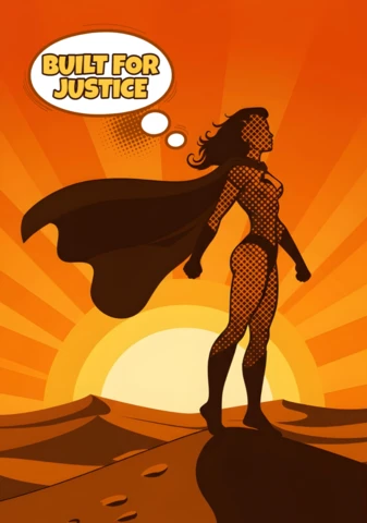 Plantilla de diseño de cartel de superhéroe silueta construida para la justicia en una colina con rayos de atardecer.