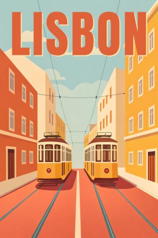 Modèle de design de tramway vintage de Lisbonne pour affiches de voyage