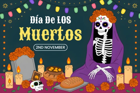 Dia De Los Muertos Design Template for Festive Posters with Skeleton and Marigolds
