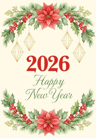 Plantilla de deseos de Año Nuevo 2026 diseño en acuarela con esquinas florales rojo-dorado y brillo invernal.