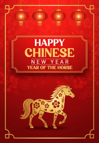 Ilustración festiva del Año del Caballo para el Año Nuevo Chino con motivos florales y bordes ornamentados.