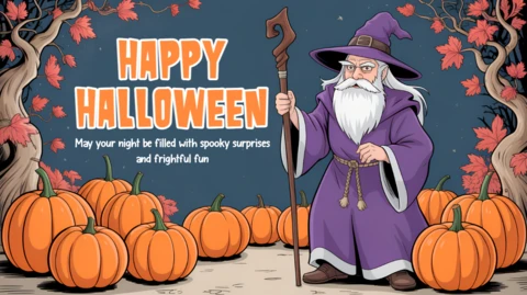 Design del cartone animato di un mago spettrale di Halloween per biglietti di auguri festivi