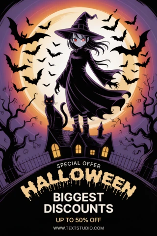 Plantilla de diseño espeluznante para Halloween para volantes promocionales con bruja y murciélagos.