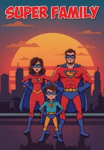 Super famiglia trio eroico con design del poster skyline della città al tramonto