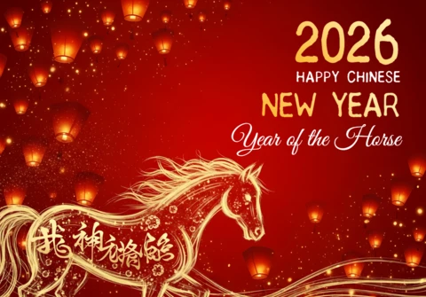 Sjabloon voor een feestelijke groetkaart met een Chinees nieuwjaar paard ontwerp