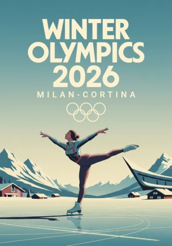 2026年ミラノ・コルティナ冬季オリンピックポスター、スケーター、雪のリンク、山の地平線