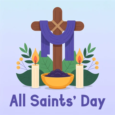 Modelo de design para o dia de Todos os Santos com cruz, velas e elementos florais para cartões de saudação.