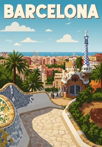 Park Güell Mosaic Bench & Mediterranean View Barcelona Travel Posters Design Template