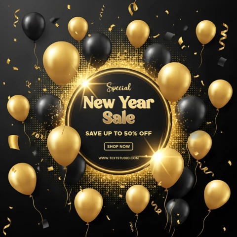 Neujahrsverkaufsdesignvorlage mit goldenen und schwarzen Luftballons für einen Werbeflyer