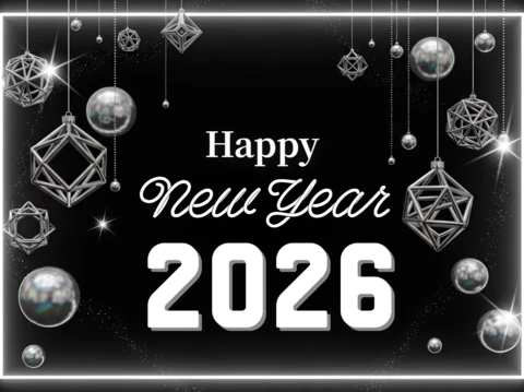 2026 yılı yeni yıl kutlaması için geometrik süslemelerle tasarlanmış tebrik kartı şablonu