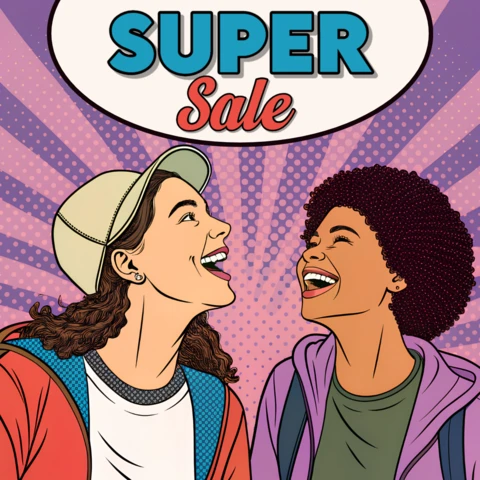 Modèle de vente pop art pour des flyers promotionnels mettant en avant des amis heureux