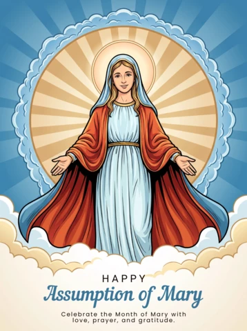 Assumption of Mary Spiritual Poster Virgin Halo Radiant Glow Blue Dress Red Robe Sacred Celebration Heavenly
