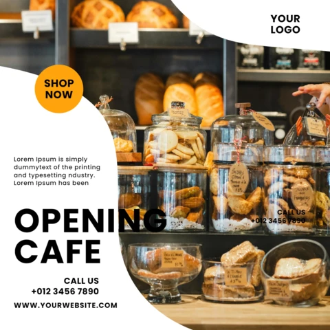 Plantilla de diseño para publicación en redes sociales para promoción de apertura de cafetería