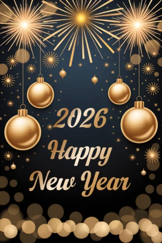 New Year Celebration Design Template with Gold Ornaments and Starbursts for Greeting Cards