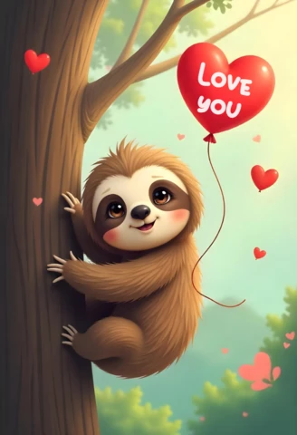 Adorable Sloth Valentine's Day Card Design Template with Love Heart Balloon