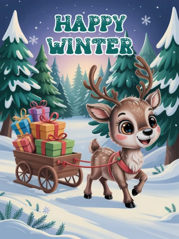 Winter Wonderland Design Template with Cute Reindeer for Holiday Greeting Cards
