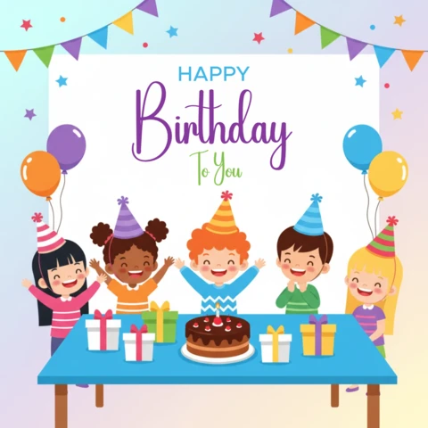 Feliz aniversário cartaz festa infantil celebração com bolo, balões, presentes, confete e chapéus de festa coloridos