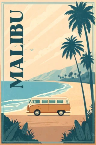 Wanderlust rétro plat à la plage de Malibu pour modèle d'affiches de voyage