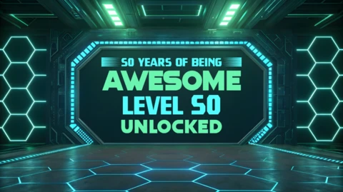 Template di design futuristico in stile navetta spaziale per la celebrazione del livello 50