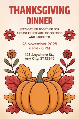 Thanksgiving Dinner Invitation Template with Pumpkin and Floral Design