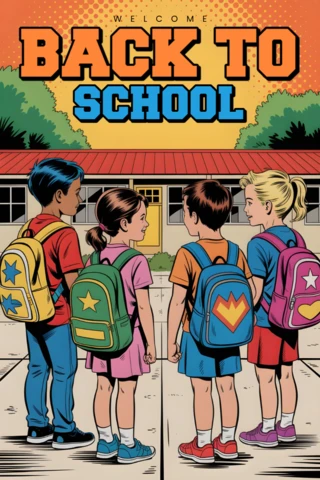 Back to School Students Talking Outside School Building with Orange Sky and Backpacks Poster Design Template
