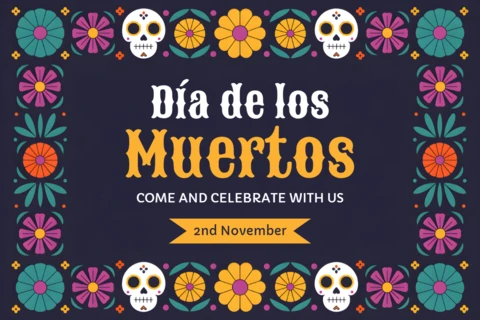 Dia De Los Muertos Celebration Template with Colorful Floral and Skull Design for Festive Invitations
