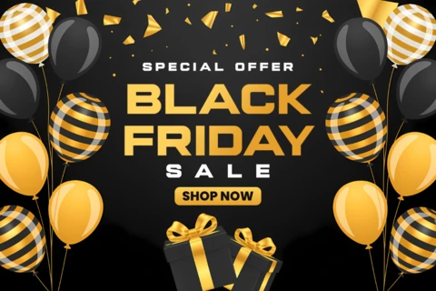 Black Friday Sale Design Template with Striped Balloons for Promotional Flyers