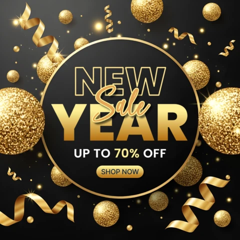 Elegant New Year Sale Design Template with Glittering Ornaments for Promotional Flyers