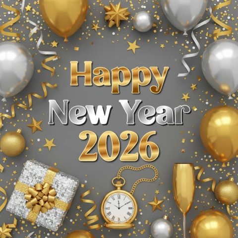 Gray Background with Gold-Silver Balloons, Pocket Watch, and Champagne Glass Happy New Year 2026 Card